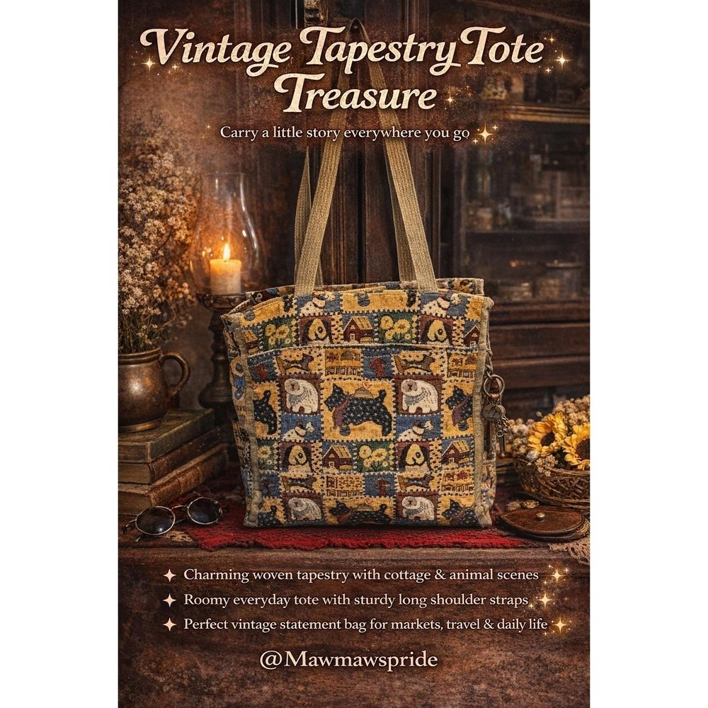 Vintage Woven Tapestry Tote Bag Dog Cottage Faithful Companion Patchwork Multi